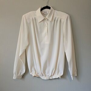 Vintage Da-Rue of California Cream Smocked Hem Blouse Pleated Button Size 10